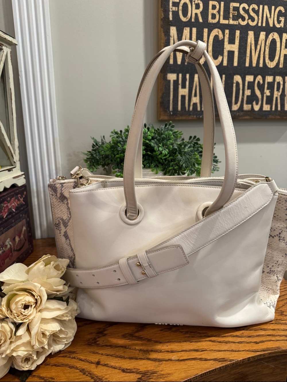 Cole Haan Great Ambition Off White Snakeskin Satchel EUC